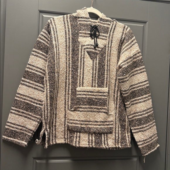 Striped Baja pullover sweatshirt with hood neutral colors kangaroo front pocket - Picture 2 of 7